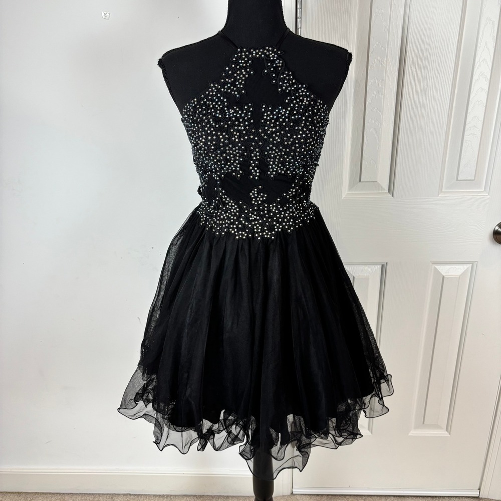Blondie Nites Stacy Sklar Black Lace Rhinestone Tulle Party Prom Dress Size 1